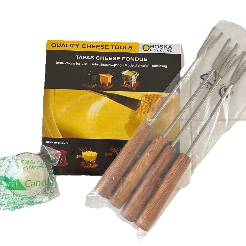 BOSKA Holland Tapas Cheese Fondue Forks, Candle, Wood & Metal Original VTG set 4